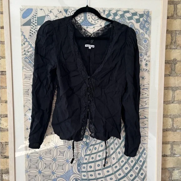 Reformation Black Lace-Trim Tie Front Blouse - Picture 4 of 8